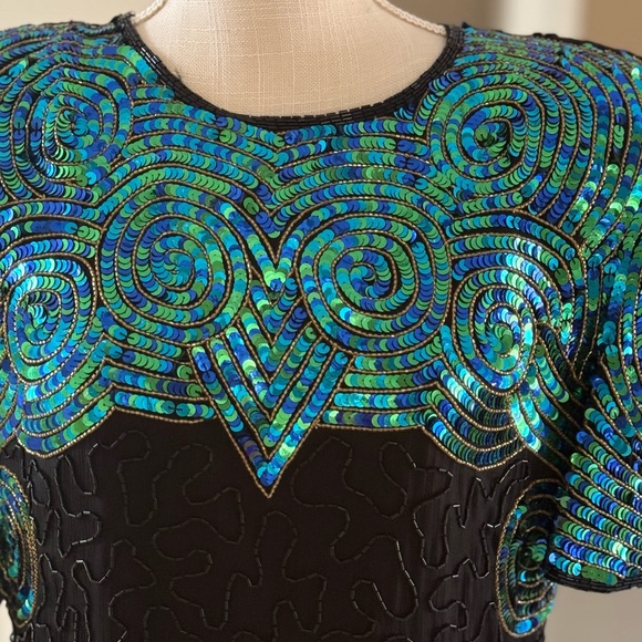 Vintage Denise Elle Evening Dress Black Silk Beaded With‎ Sequins - Picture 2 of 15